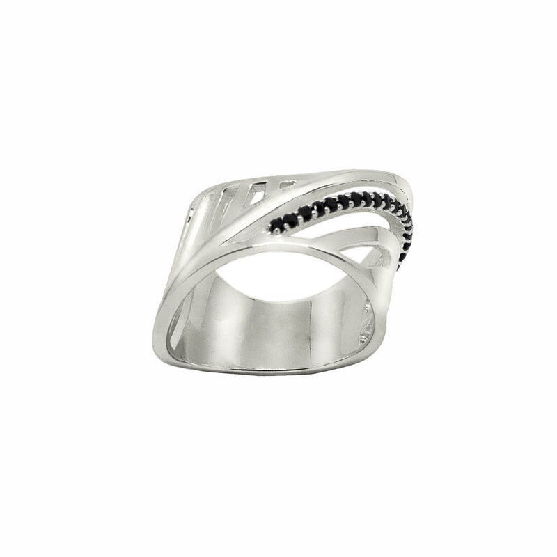 SHARCH CUT OUT RING SILVER WITH BLACK DIAMONDS